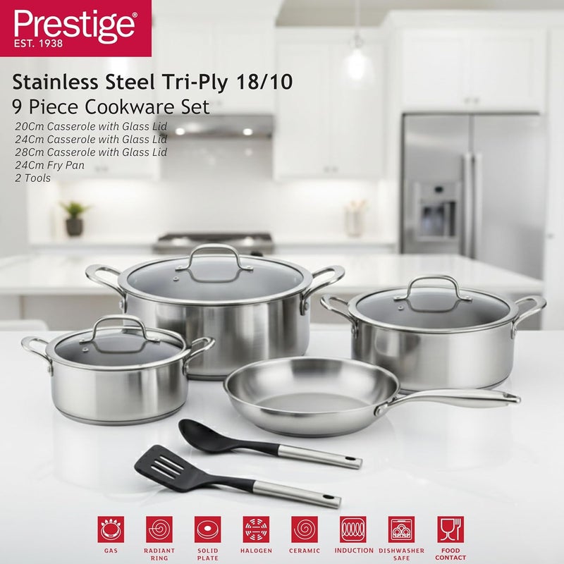 Prestige Tri Ply Stainless Steel 9 Pcs Cooking Set | Induction + All Hob Suitable | Pots and Pans Set - Image 4